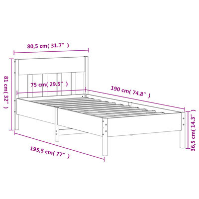 vidaXL sengeramme uden madras 75x190 cm massivt fyrretræ