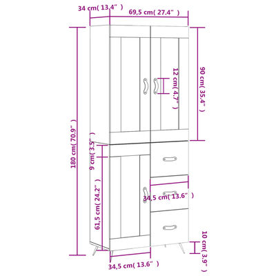 vidaXL højskab 69,5x34x180 cm konstrueret træ hvid