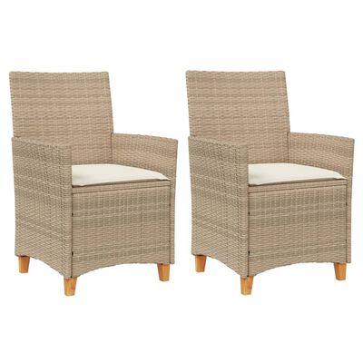 vidaXL havestole 2 stk. med hynder polyrattan og massivt træ beige