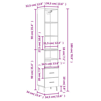 vidaXL højskab 34,5x34x180 cm konstrueret træ grå sonoma-eg