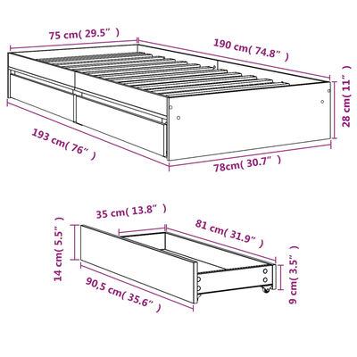 vidaXL sengeramme med skuffer 75x190 cm konstrueret træ grå sonoma-eg