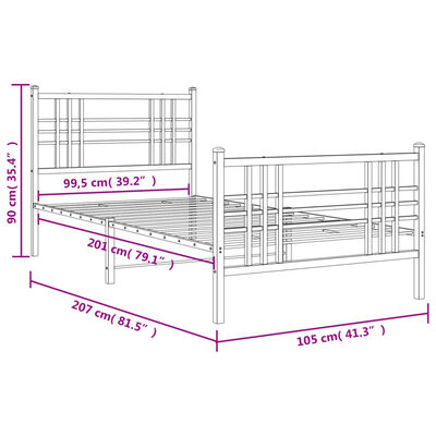 vidaXL sengeramme med sengegavl og fodgærde 100x200 cm metal hvid