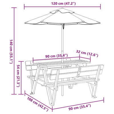 vidaXL picnicbord til 4 børn m. parasol massivt grantræ