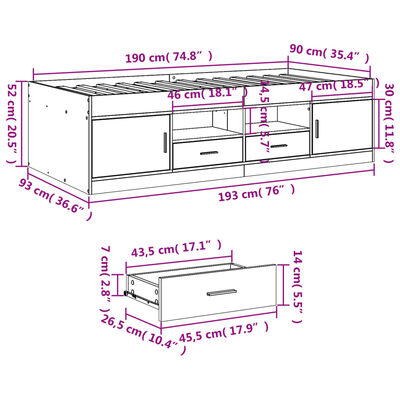 vidaXL daybed med skuffer uden madras 90x190 cm grå sonoma-eg