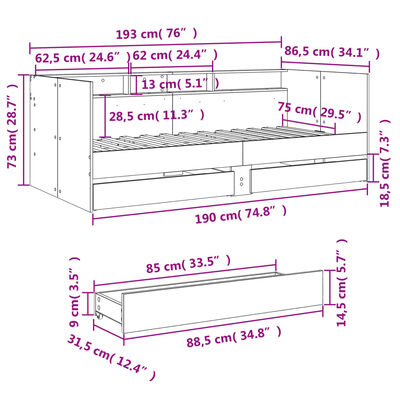 vidaXL daybed med skuffer uden madras 75x190 cm sonoma-eg