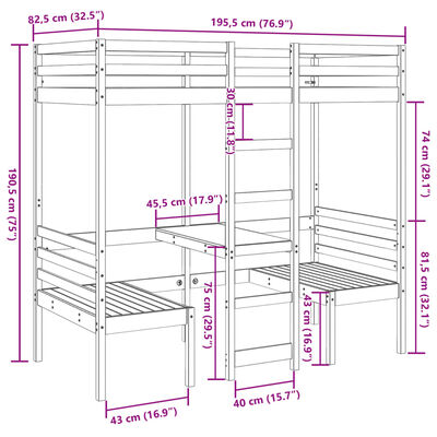 vidaXL højseng med skrivebord og stole 75x190 cm massivt fyrretræ