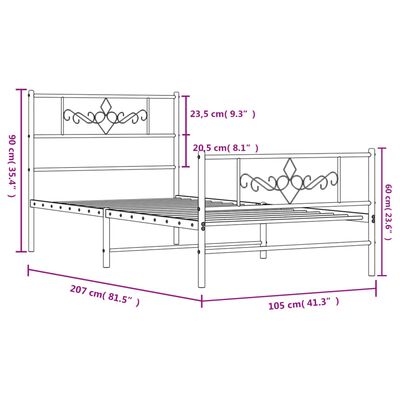 vidaXL sengeramme med sengegavl og fodgærde 100x200 cm metal sort