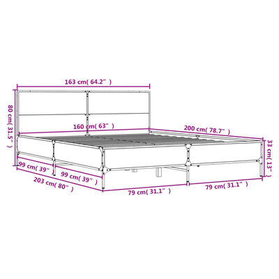 vidaXL sengestel 160x200cm konstrueret træ og metal røget egetræsfarve