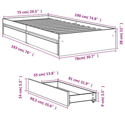 vidaXL sengeramme med skuffer 75x190 cm konstrueret træ sonoma-eg