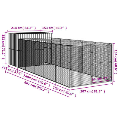 vidaXL hundehus med løbegård 214x661x181 cm galvaniseret stål antracit