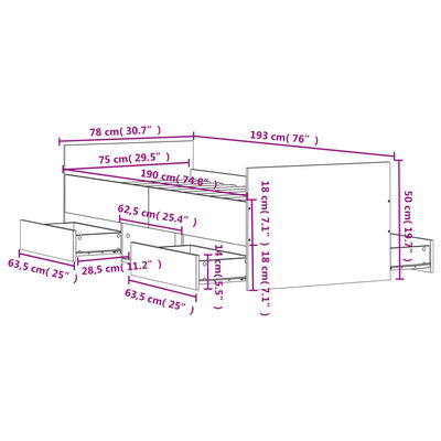 vidaXL sengeramme med sengegavl og fodgærde 75x190 cm grå sonoma-eg