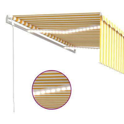 vidaXL markise m. gardin+LED+vindsensor 4x3 m automatisk gul og hvid