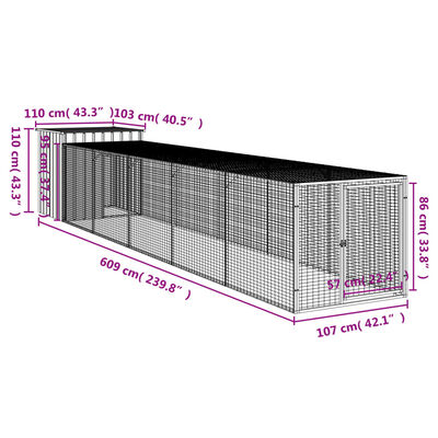 vidaXL hønsehus med løbegård 110x609x110 cm galvaniseret stål lysegrå