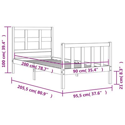 vidaXL sengeramme med sengegavl 90x200 cm massivt træ sort