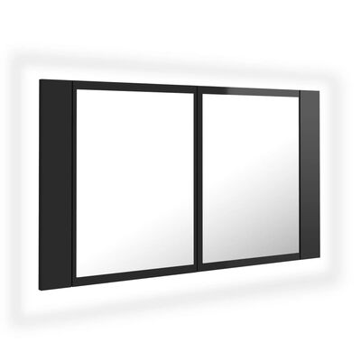vidaXL badeværelsesskab m. spejl+LED-lys 80x12x45 akryl sort højglans