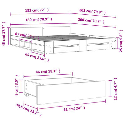 vidaXL sengeramme med skuffer 180x200 cm konstrueret træ grå sonoma-eg