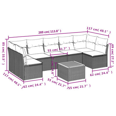 vidaXL havesofasæt 8 dele med hynder polyrattan beige