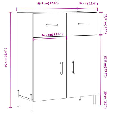 vidaXL skænk 69,5x34x90 cm konstrueret træ hvid højglans