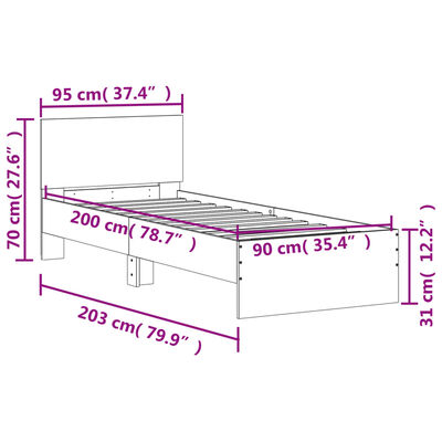 vidaXL sengeramme med sengegavl og LED-lys 90x200 cm grå sonoma-eg