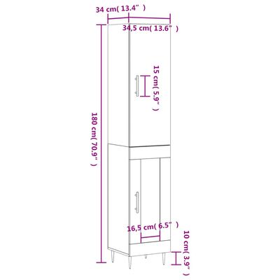 vidaXL skab 34,5x34x180 cm konstrueret træ hvid højglans