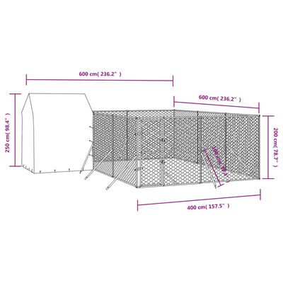 vidaXL udendørs hundegård med tag 6x6x2,5 m galvaniseret stål sølv