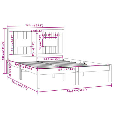 vidaXL sengeramme 135x190 cm Double massivt fyrretræ sort