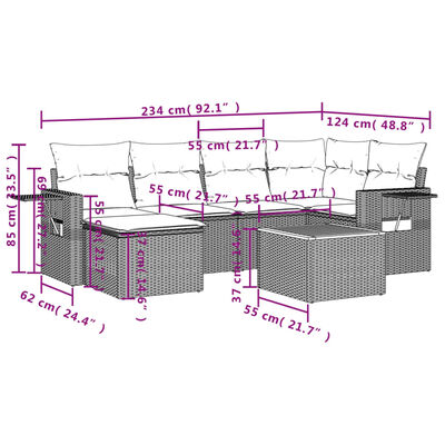vidaXL havesofasæt 7 dele med hynder polyrattan beige