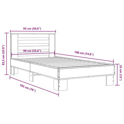 vidaXL sengeramme 90x190 cm konstrueret træ og metal røget eg