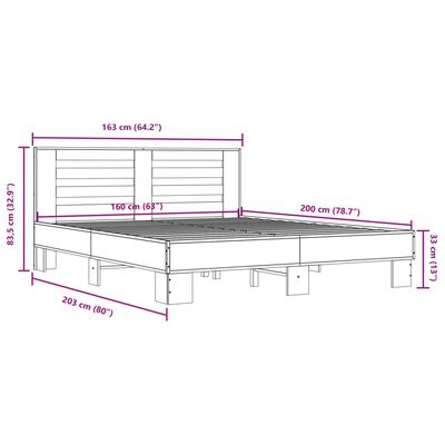 vidaXL sengestel 160x200 cm konstrueret træ og metal grå sonoma-eg