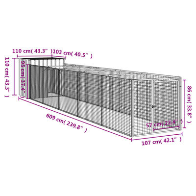 vidaXL hundehus med løbegård 110x609x110 cm galvaniseret stål antracit