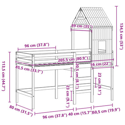 vidaXL højseng med stige og tag 80x200 cm massivt fyrretræ