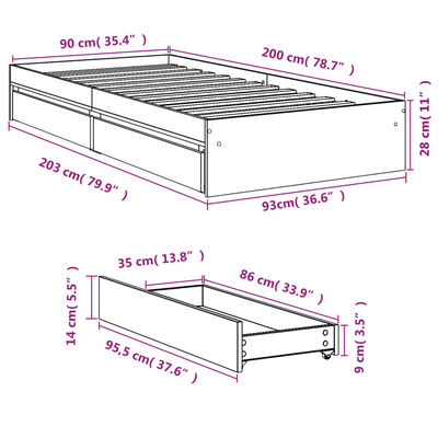 vidaXL sengeramme med skuffer 90x200 cm konstrueret træ sonoma-eg