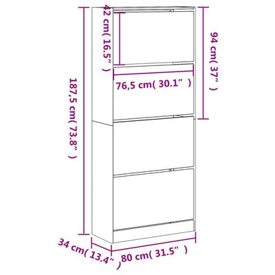 vidaXL skoskab med 4 vippeskuffer 80x34x187,5 cm røget egetræsfarve