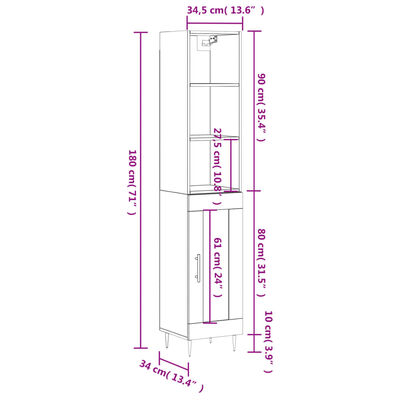 vidaXL skab 34,5x34x180 cm konstrueret træ sonoma-eg