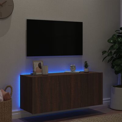 vidaXL væghængt tv-bord med LED-lys 100x35x41 cm brun egetræsfarve