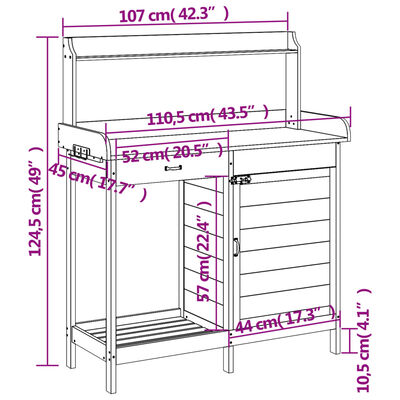 vidaXL pottebænk med skab 110,5x45x124,5 cm massivt grantræ