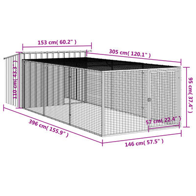 vidaXL hundehus m. løbegård 153x396x110 cm galvaniseret stål antracit