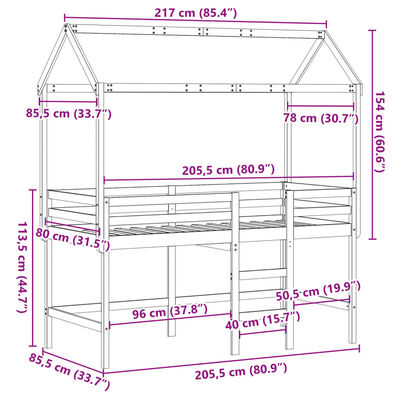 vidaXL højseng med stige og tag 80x200 cm massivt fyrretræ hvid