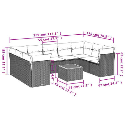 vidaXL sofasæt til haven 10 dele med hynder polyrattan sort