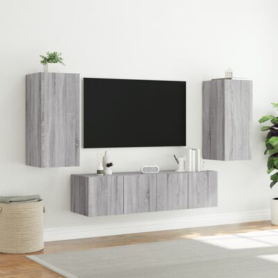 vidaXL tv-møbel til væg 4 dele med LED-lys konstrueret træ grå sonoma