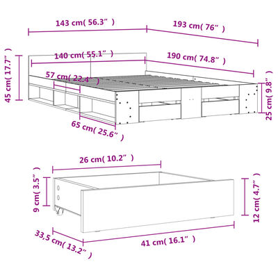 vidaXL sengeramme med skuffer 140x190 cm konstrueret træ sonoma-eg