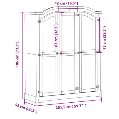 vidaXL klædeskab Corona 151,5x52x186 cm massivt fyrretræ