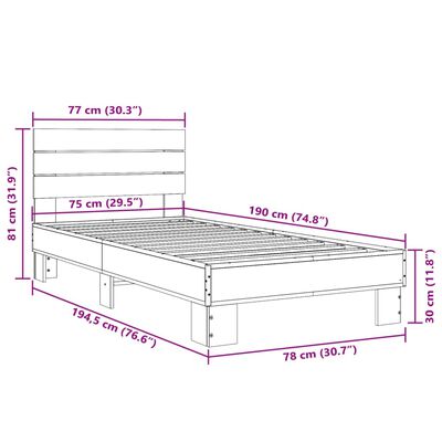 vidaXL sengeramme 75x190 cm konstrueret træ og metal brun egetræsfarve