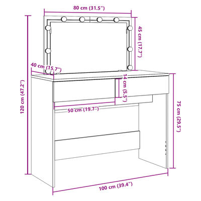 vidaXL makeupbord med LED-lys 100x40x120 cm brun sonoma-eg