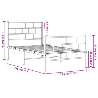 vidaXL sengeramme med sengegavl og fodgærde 75x190 cm metal hvid