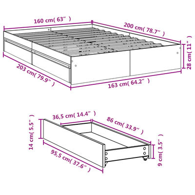 vidaXL sengeramme med skuffer 160x200 cm konstrueret træ sonoma-eg