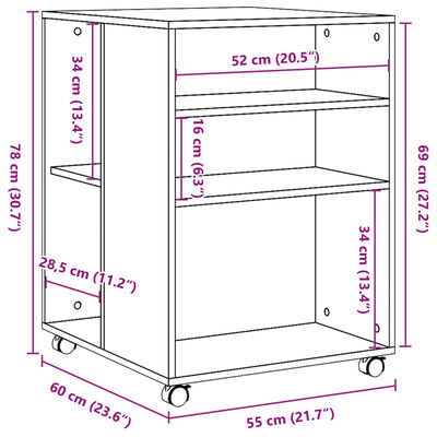 vidaXL sidebord med hjul 55x60x78 cm konstrueret træ brunt egetræ