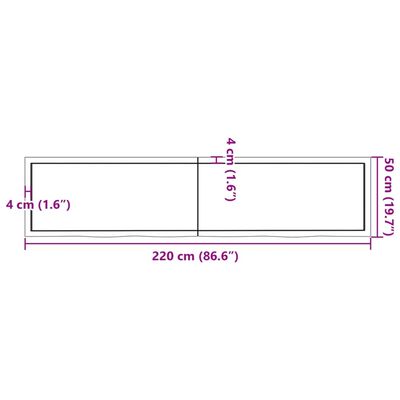 vidaXL bordplade til badeværelse 220x50x(2-4)cm massivt træ ubehandlet