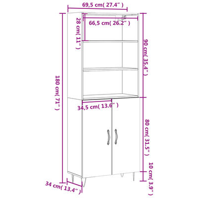 vidaXL højskab 69,5x34x180 cm konstrueret træ brun egetræsfarve