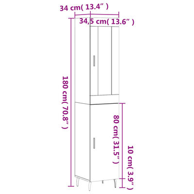 vidaXL højskab 34,5x34x180 cm konstrueret træ grå sonoma-eg